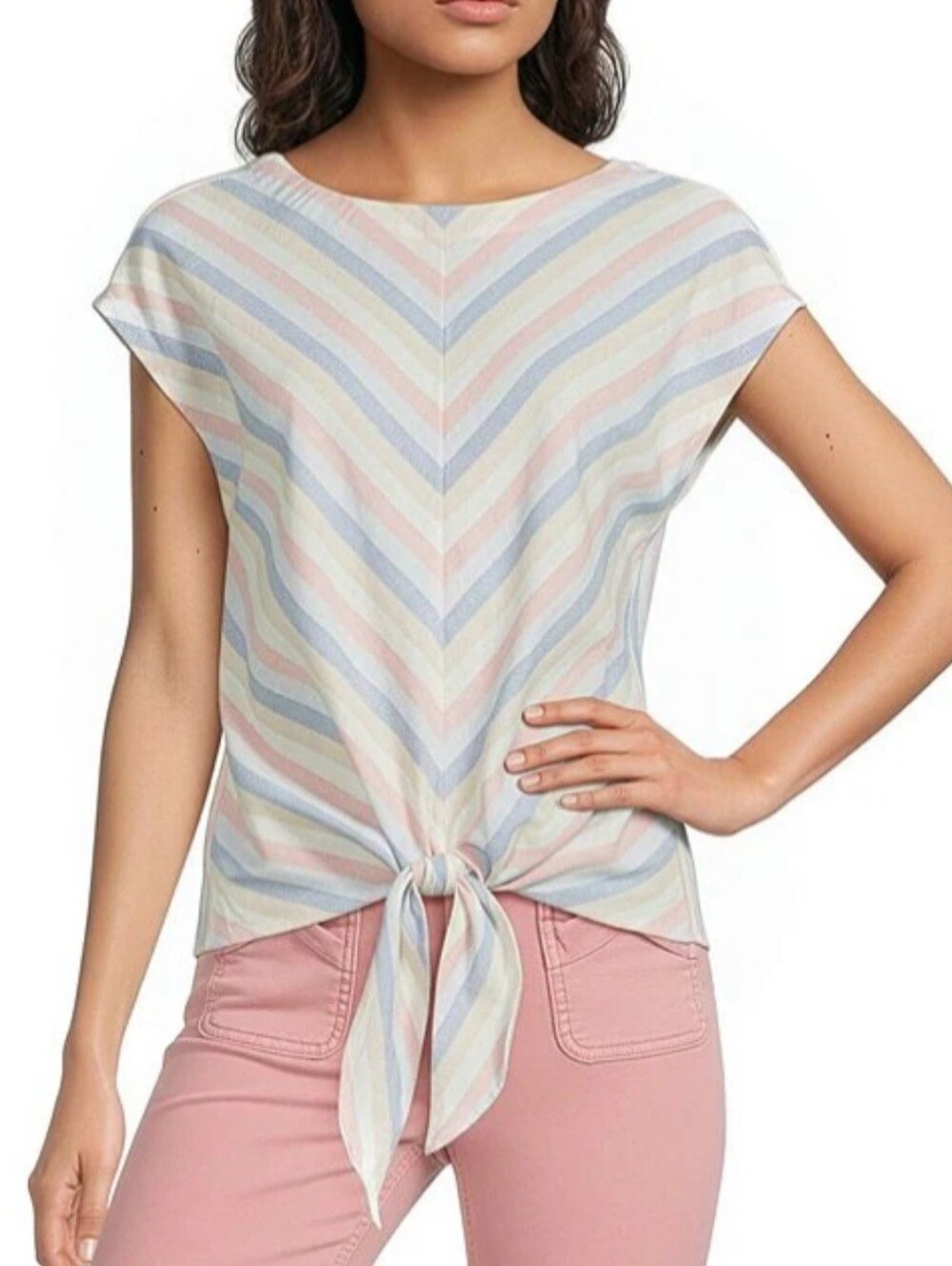 Charlie B Cap Sleeve Biat Neck Tie Waist Linen Blend Top Large Coastal Casual